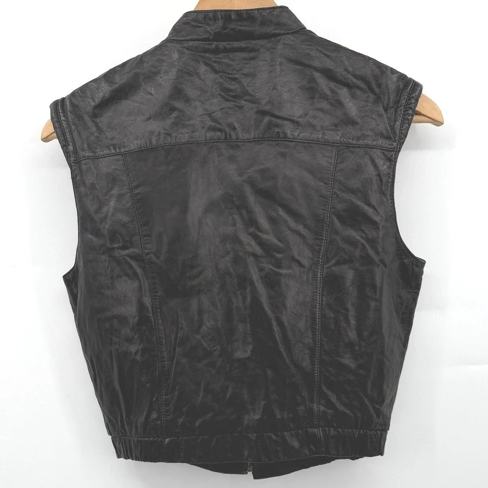Vintage TOPAMERI Black Genuine Leather Mock Neck Zip Up Fall Vest Women's Size M